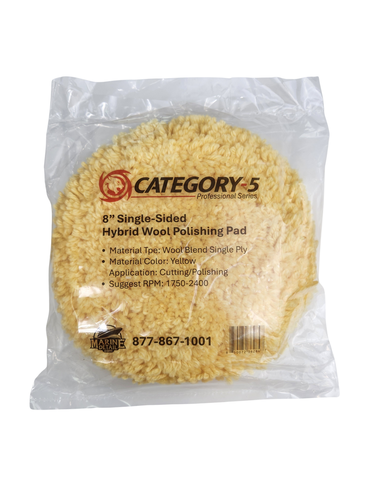 8” x 1.5” Hybrid Wool (80/20) - Cut & Polish Pad – Yellow – Hook & Loop – Professional Series